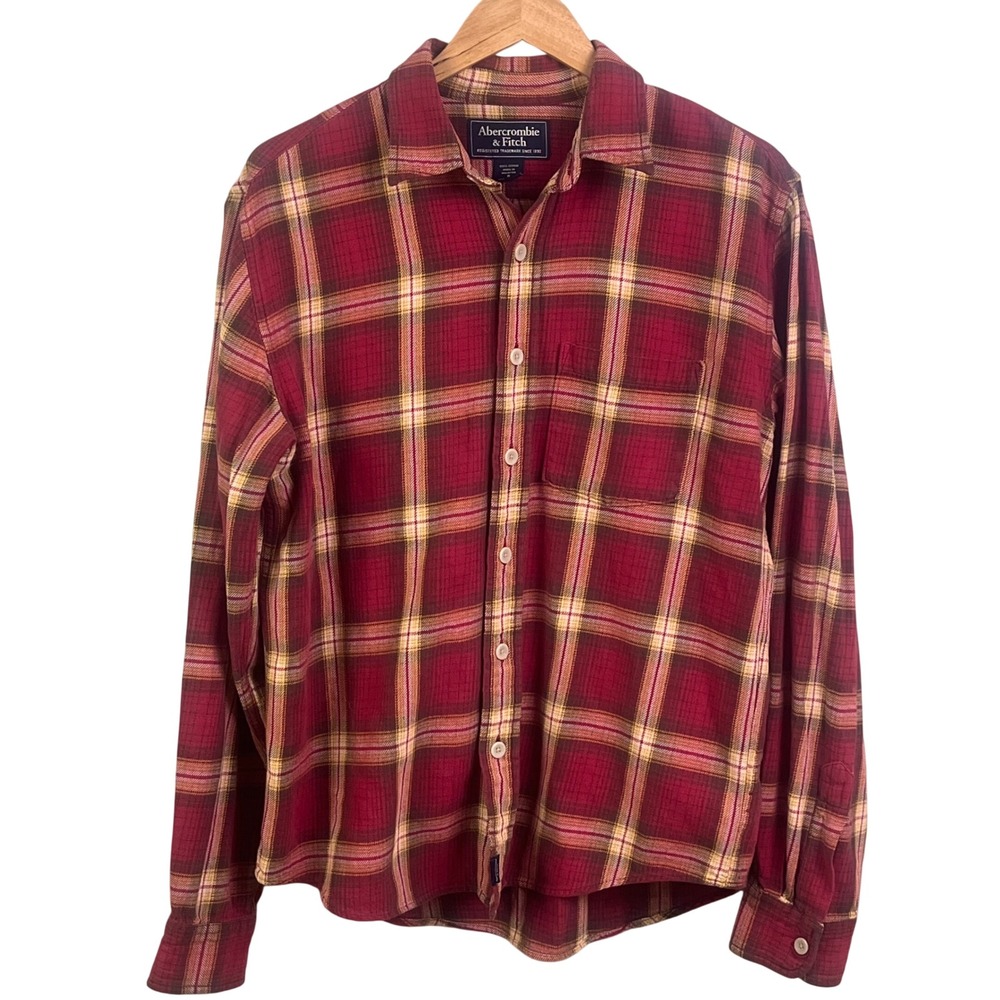 Abercrombie & Fitch Mens Small Red Yellow Plaid Button Long Sleeve Flannel Shirt